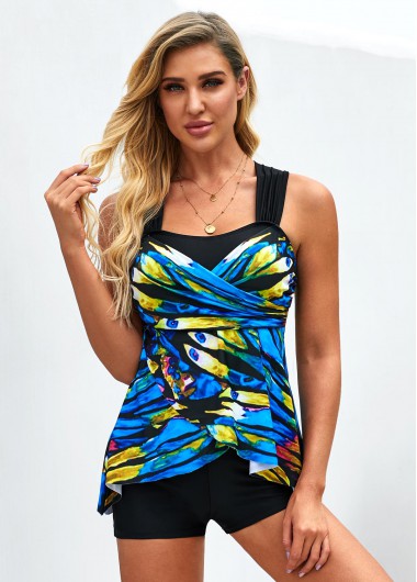Modlily Butterfly Print Cross Strap Blue Tankini Set - XS
