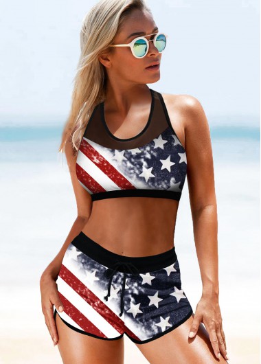 Modlily American Flag Print Wide Strap Drawstring Waist Bikini Set - M