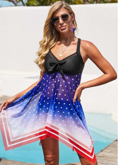 Modlily American Flag Print Wide Strap Swimdress and Shorts - XS