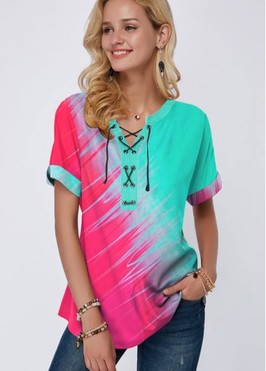 Modlily Lace Up Color Block Short Sleeve T Shirt - XS
