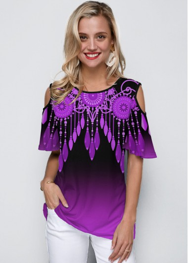 Modlily Cold Shoulder Purple Gradient Round Neck T Shirt - XS