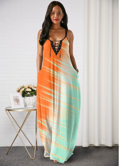 Spaghetti Strap Color Block Lace Up Maxi Dress - L