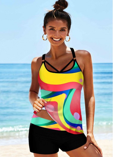 Modlily Spaghetti Strap Cross Strap Printed Tankini Set - XS