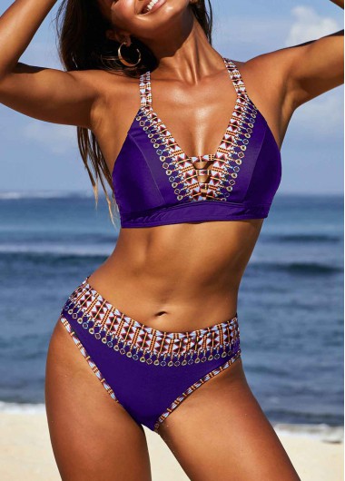Modlily Purple Spaghetti Strap Tribal Print Bikini Set - 16