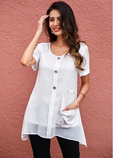 Modlily Button Detail Pocket Asymmetric Hem Soft Blouse - XS