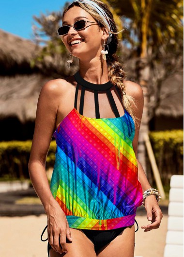 Modlily Rainbow Stripe Halter Multi Color Tankini Set - S