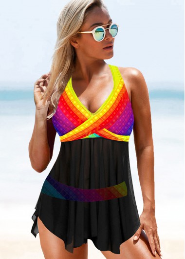Modlily Halter Open Back Gradient Multi Color Swimdress and Panty - XS