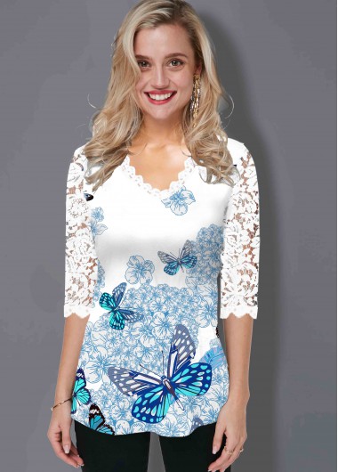 Modlily Lace Panel Butterfly Print T Shirt - XS