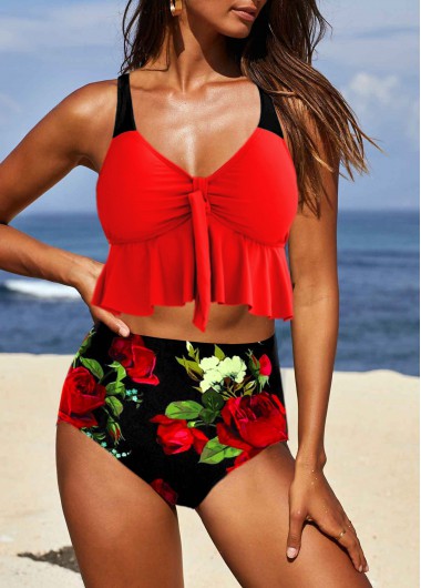Modlily Red Spaghetti Strap Flower Print Ruffle Bikini Set - L