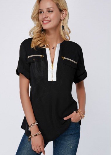 Modlily Black Zipper Detail Short Sleeve Blouse - S