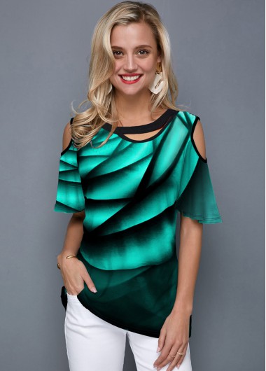 Modlily Cold Shoulder Printed Half Sleeve Green T Shirt - XS