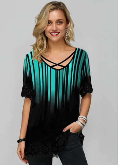 Modlily Cyan Half Sleeve Criss Cross Neck T Shirt - XS