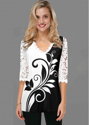 Modlily White Lace Panel V Neck T Shirt - XS