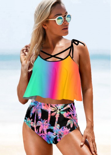 Modlily High Waist Tree Print Spaghetti Strap Multi Color Takini Set - S