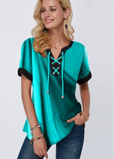 Modlily Green Lace Up Short Sleeve Tie Neck Blouse - XS