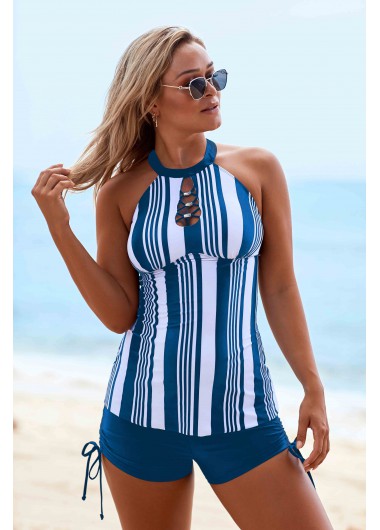 Modlily Peacock Blue Stripe Print Cutout Neck Back Free Drawstring Side Tankini Set - 18
