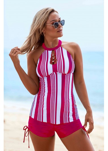 Modlily Rose Red Stripe Print Cutout Neck Back Free Drawstring Side Tankini Set - 14