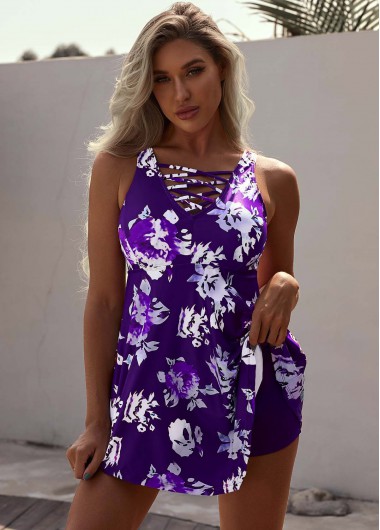 Modlily Asymmetric Hem Printed Lace Up Swimdress and Shorts - 16