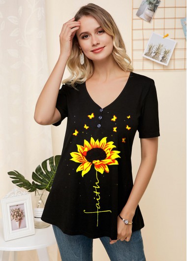 Modlily Sunflower Print V Neck Short Sleeve T Shirt - XS