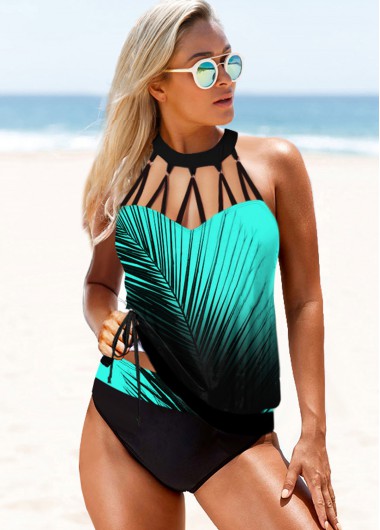 Modlily Drawstring Waist Printed Seafoam Green Tankini Set - XS