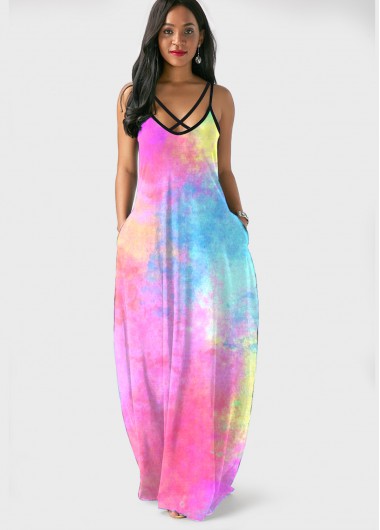Tie Dye Spaghetti Strap Side Pocket Maxi Dress - L
