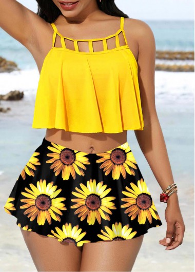 Modlily Yellow Sunflower Print High Waisted Bikini Set - S