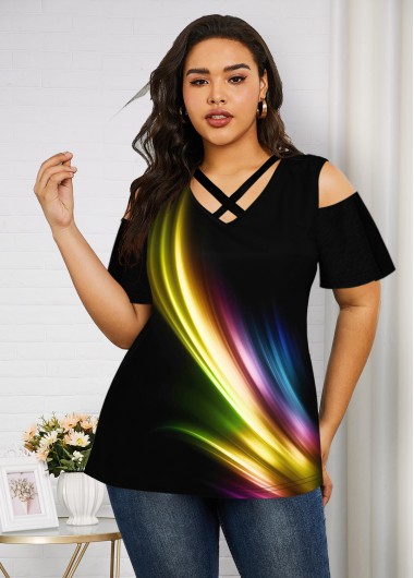 Modlily Plus Size Printed Cold Shoulder Rainbow T Shirt - 3X