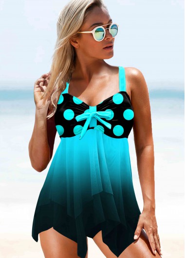 Modlily Asymmetric Hem Polka Dot Mint Green Gradient Swimdress Top - XS