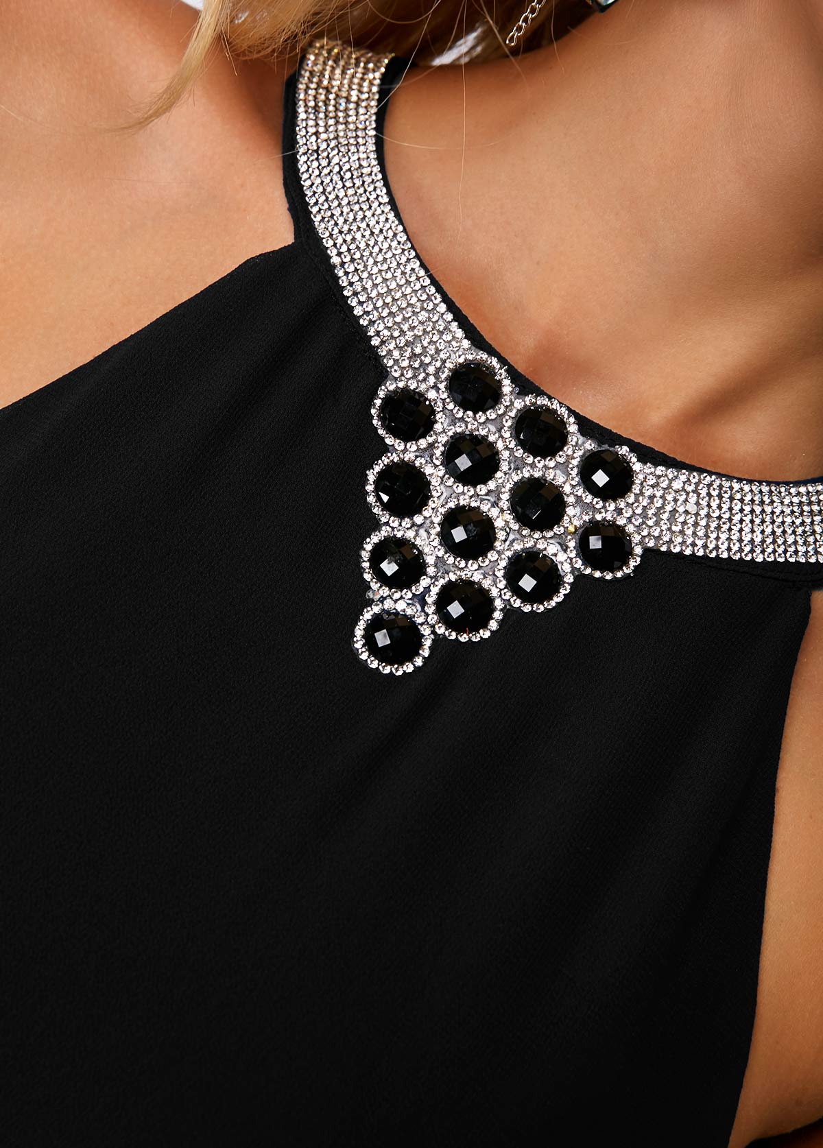 Embellished Neck Asymmetric Hem Black Chiffon Dress