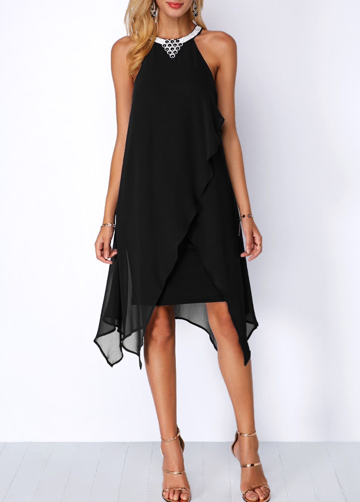 Embellished Neck Asymmetric Hem Black Chiffon Dress