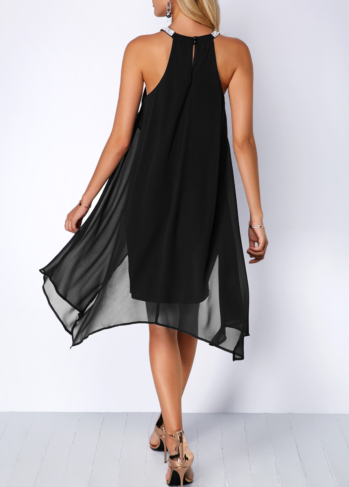 Embellished Neck Asymmetric Hem Black Chiffon Dress