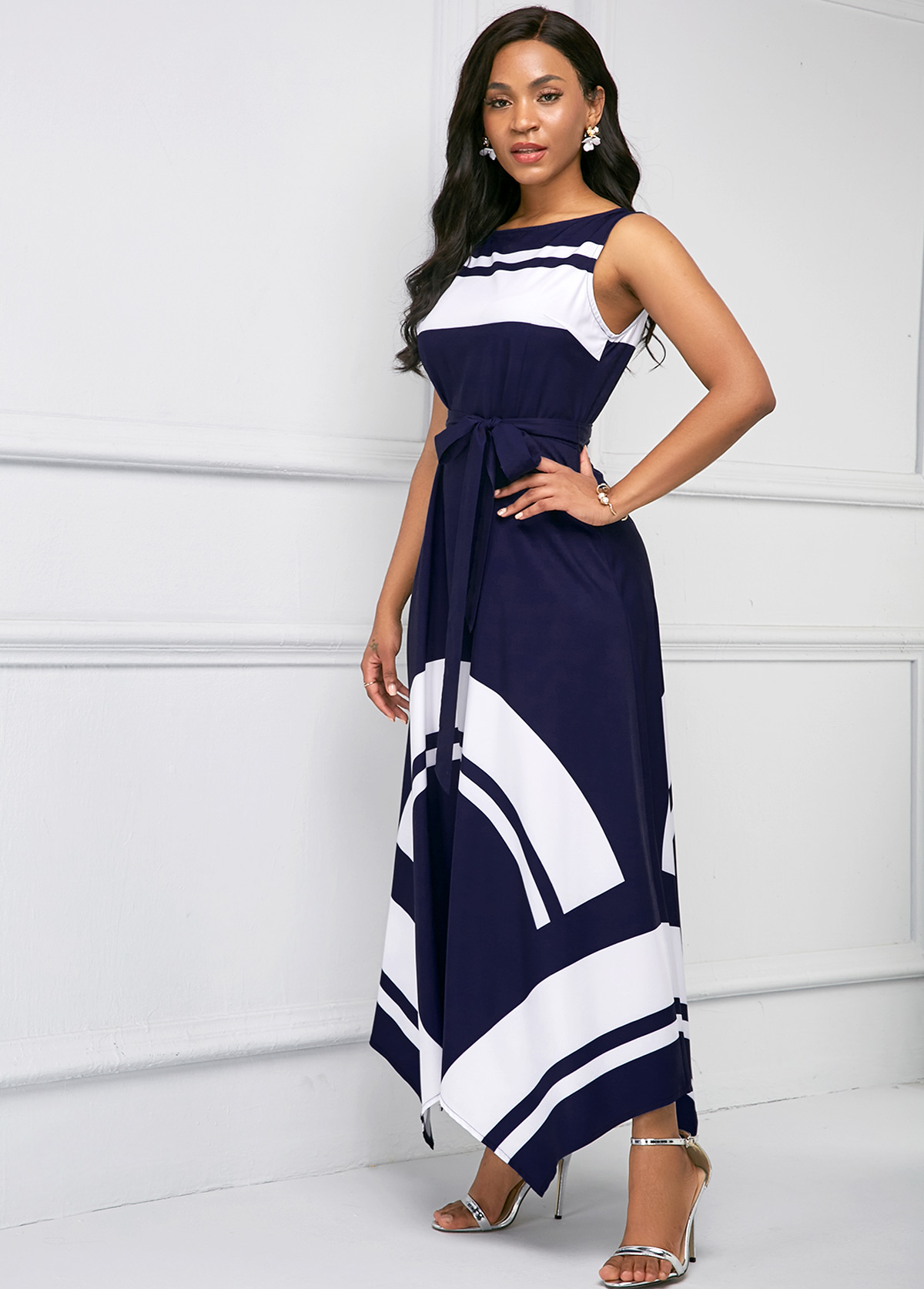 Printed Asymmetric Hem Sleeveless Maxi Dress