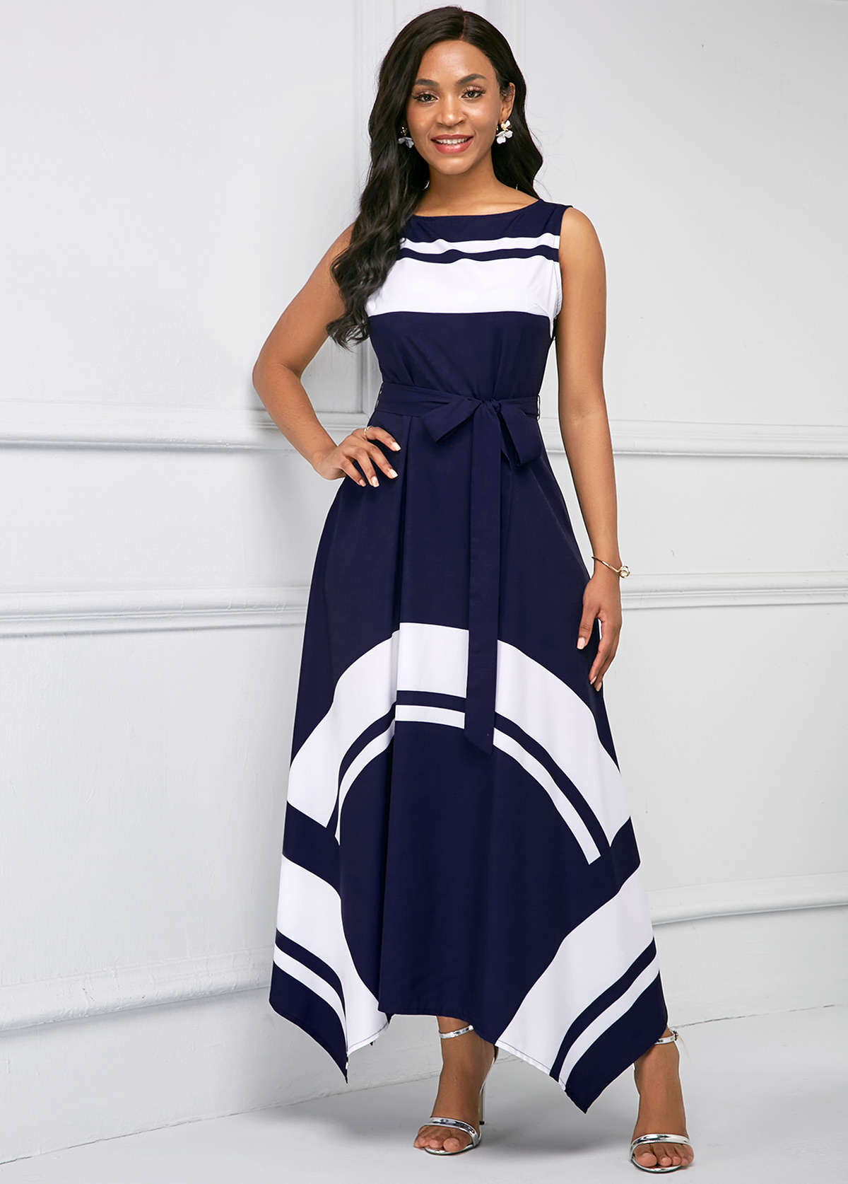 Printed Asymmetric Hem Sleeveless Maxi Dress