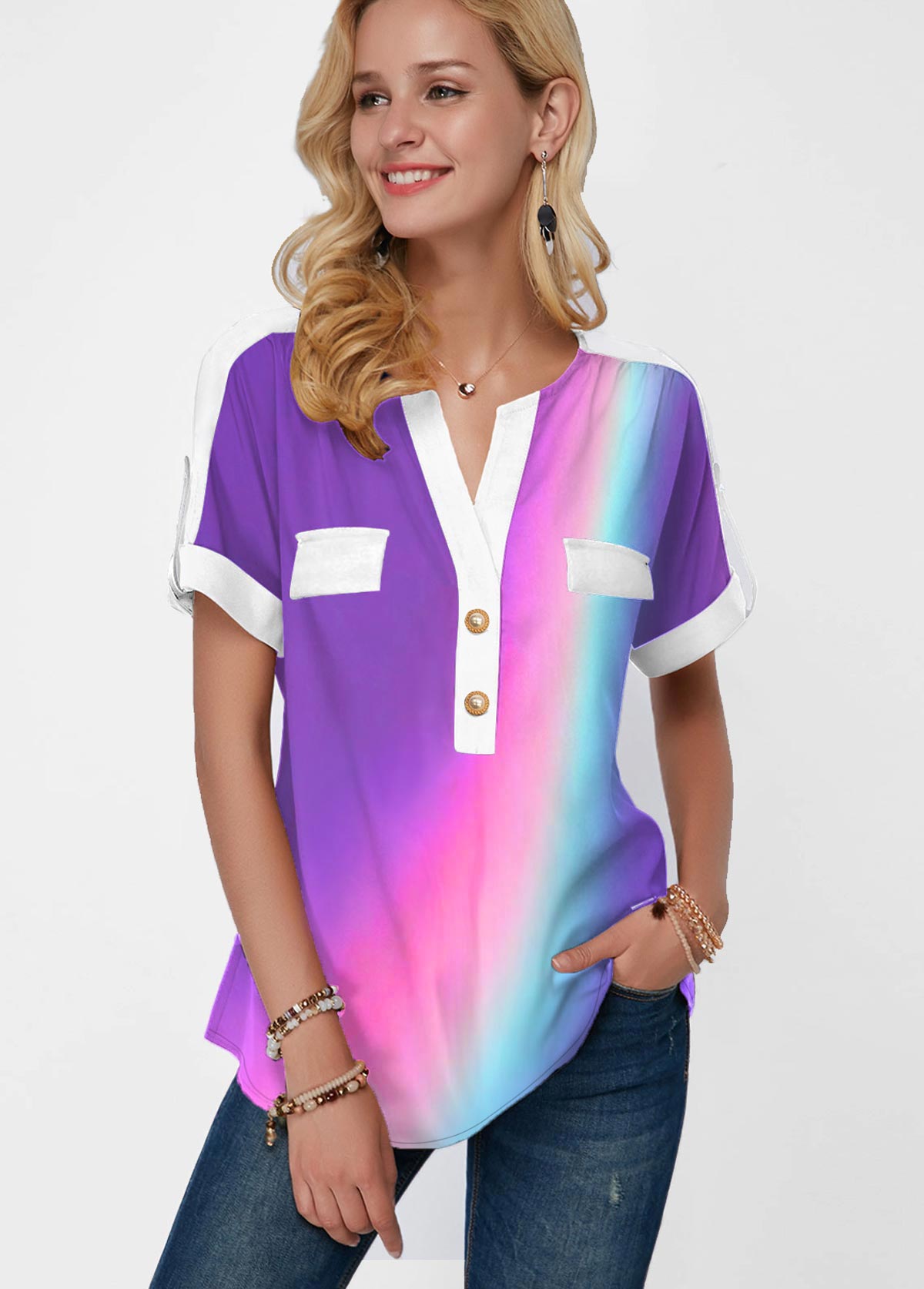 Button Detail Short Sleeve Rainbow Color Blouse | modlily.com - USD $14.99