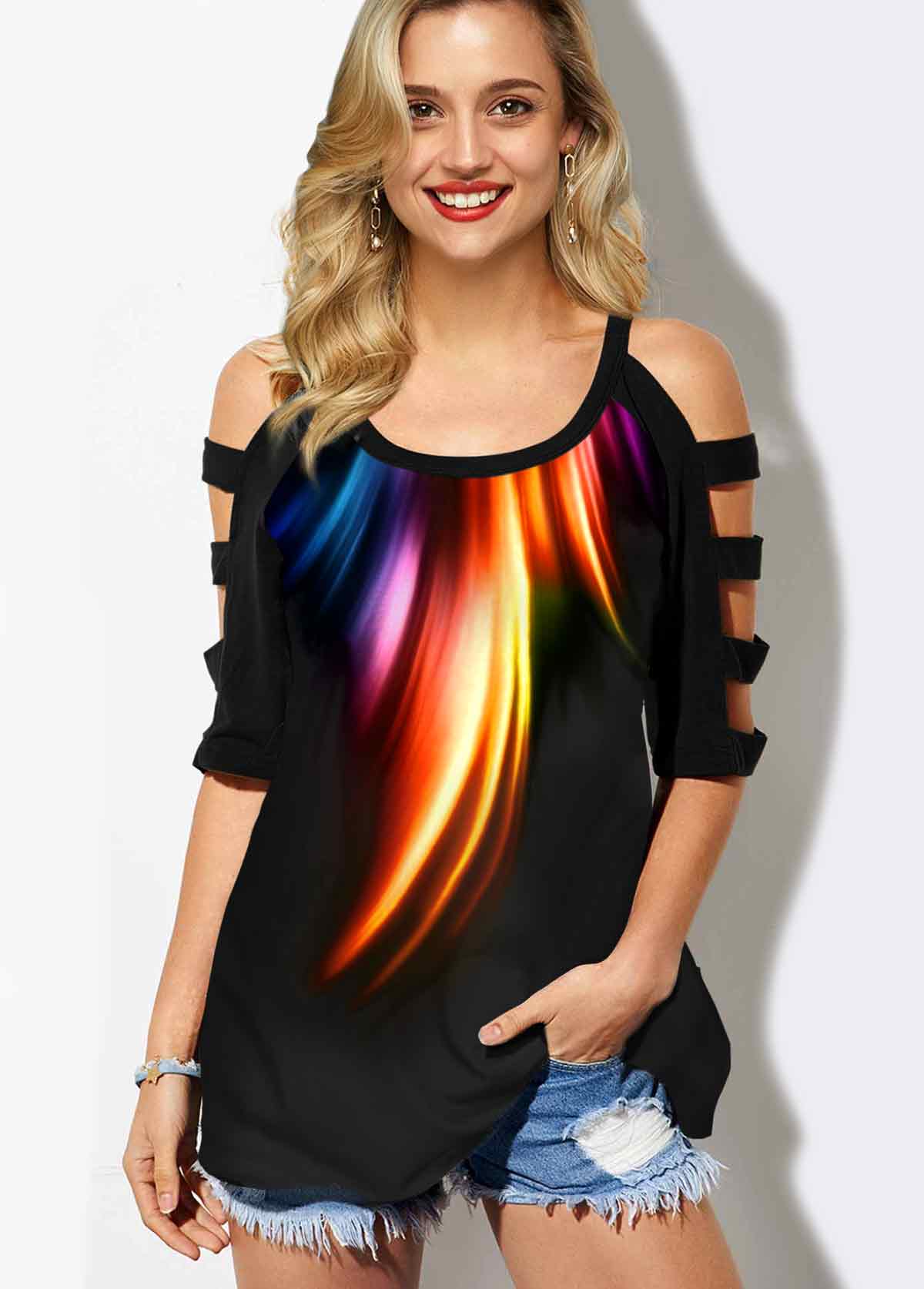 Rainbow Color Round Neck Cold Shoulder T Shirt | modlily.com - USD 14.99