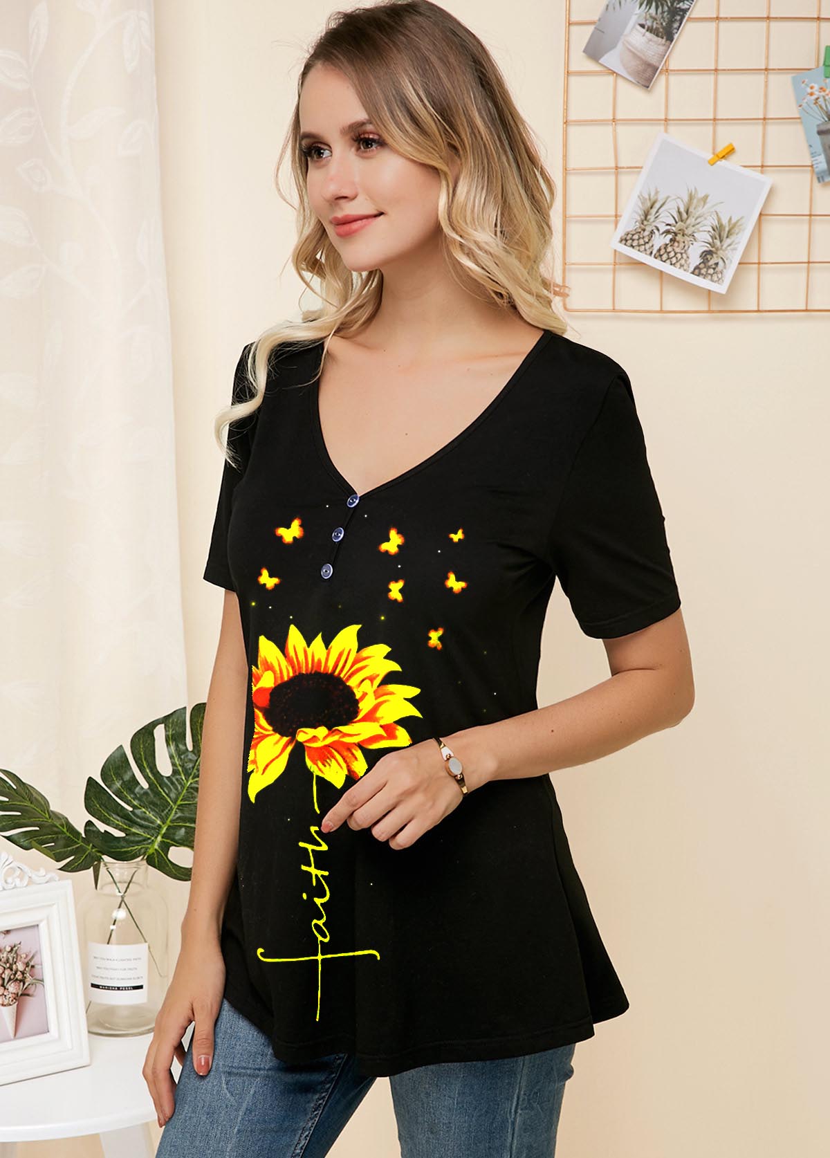 Sunflower Print V Neck Short Sleeve T Shirt