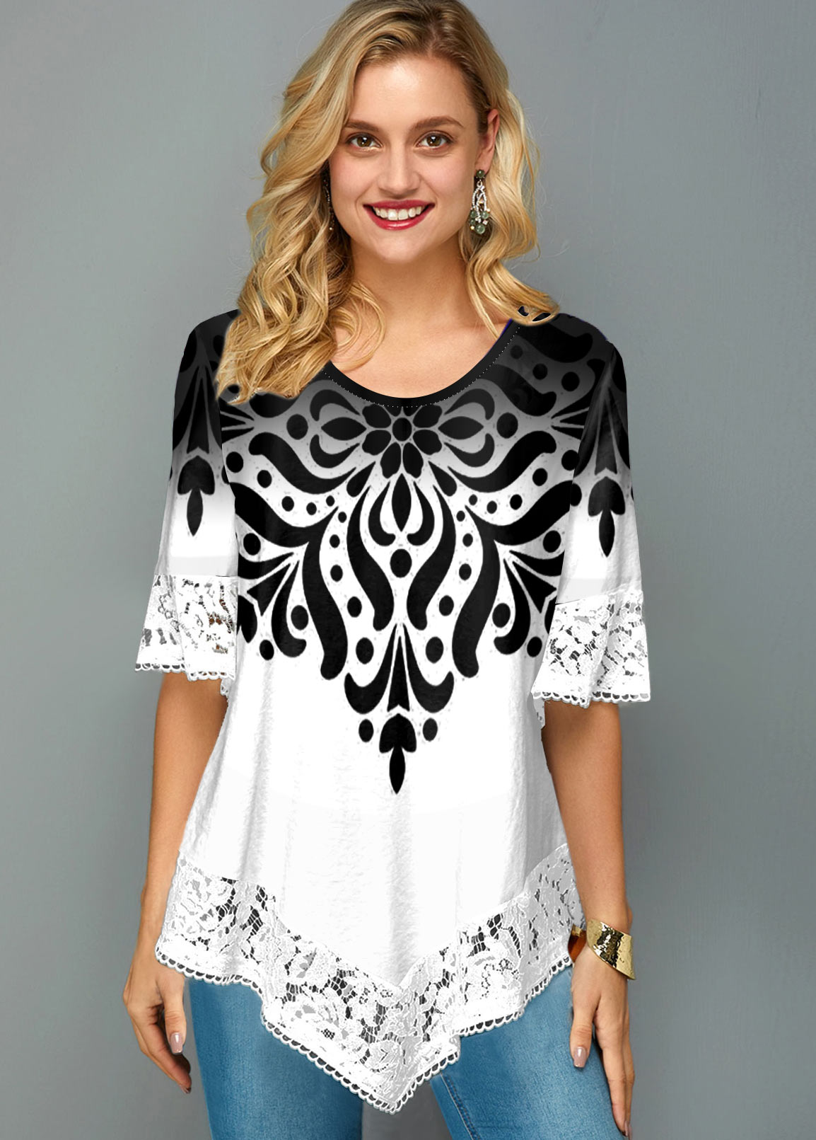 Asymmetric Hem Lace Trim Printed T Shirt | modlily.com - USD 15.98