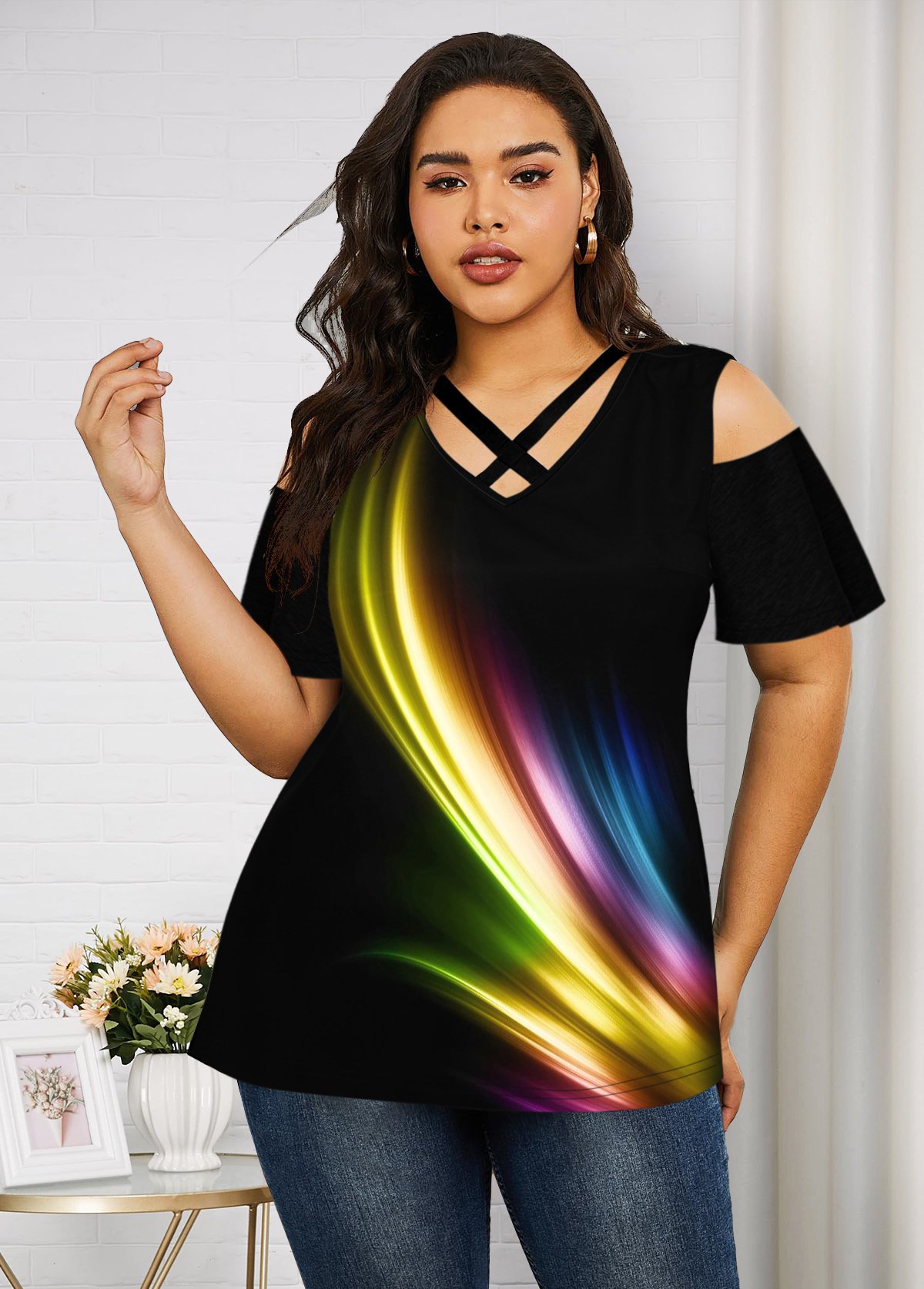 Plus Size Printed Cold Shoulder Rainbow T Shirt