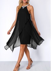 Embellished Neck Asymmetric Hem Black Chiffon Dress | thumb picture 
