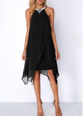 Embellished Neck Asymmetric Hem Black Chiffon Dress | thumb picture 