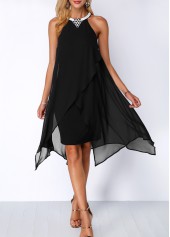 Embellished Neck Asymmetric Hem Black Chiffon Dress