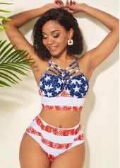 High Waisted American Flag Print Spaghetti Strap Bikini Set
