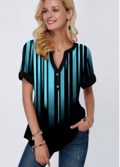 Split Neck Short Sleeve Blue Blouse