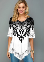 Asymmetric Hem Lace Trim Printed T Shirt