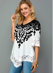 Asymmetric Hem Lace Trim Printed T Shirt | thumb picture 