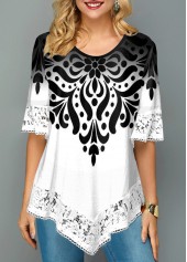 Asymmetric Hem Lace Trim Printed T Shirt | thumb picture 