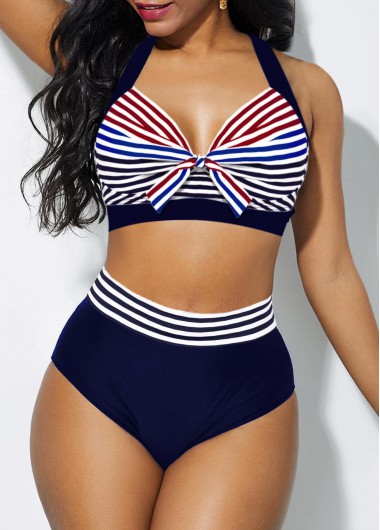 Modlily Stripe Print Knot Detail High Waist Bikini Set - XL
