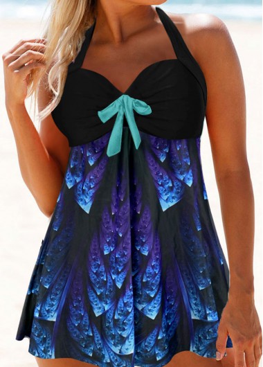 Modlily Halter Neck Bowknot Embellished Printed Swimdress and Panty - M