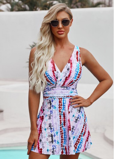 Modlily Printed Wide Strap Tie Back Swimdress and Shorts - 16