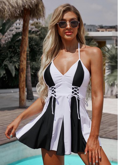Modlily Halter Color Block Spaghetti Strap Swimdress and Shorts - 14